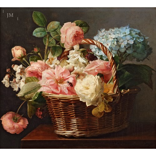 A Basket of Roses and a Hydrangea on a Marble Ledge with a chequered Beetle